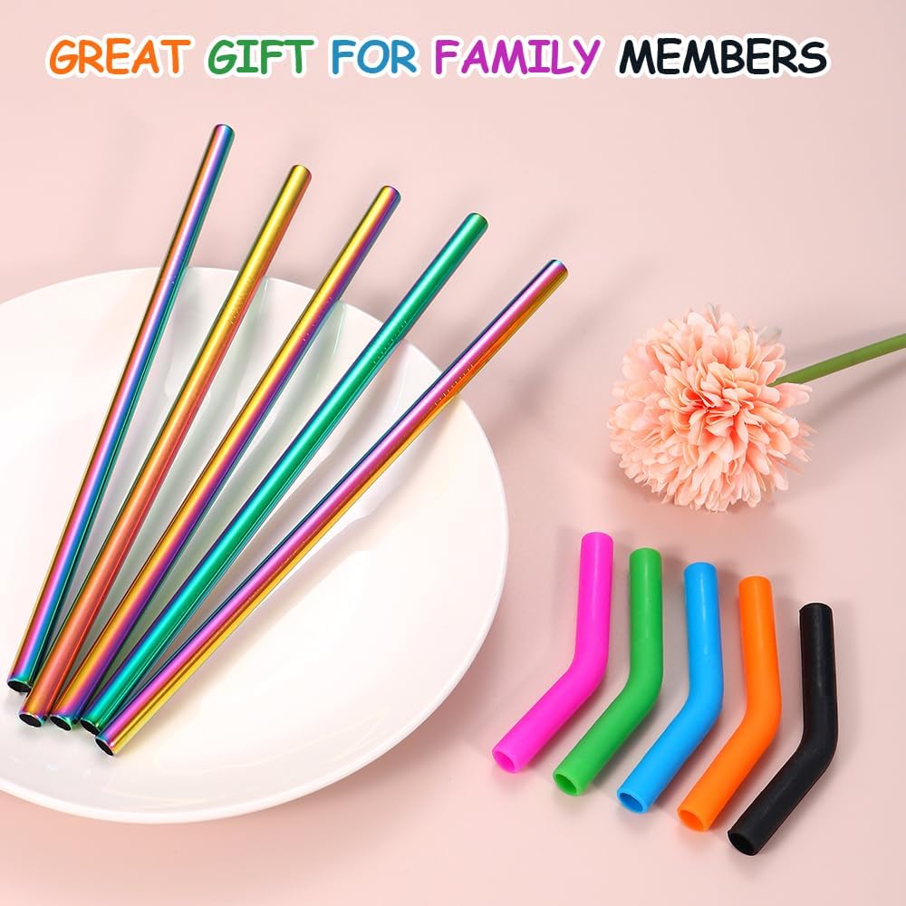 Lazycorner Reusable Stainless Steel Straws Metal Straw with Silicone Tip 5 Pcs 8mm Wide for 20/30/32oz Tumblers Smoothies and Shakes with 2 Cleaning
