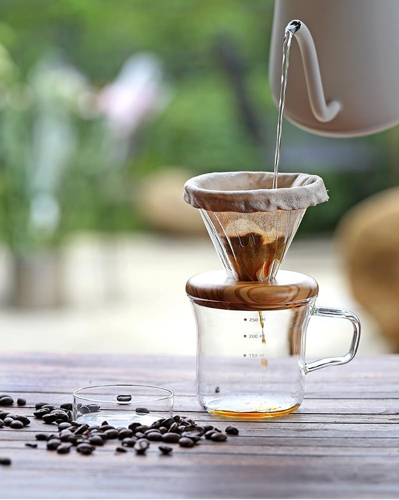 Athia Glass Pour Over Coffee Dripper Set, Glass Cone Dripper, Reusable Cloth Filter, Leather Cup Sleeve, Minimal Single Cup SET, for outdoor