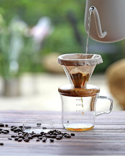 Athia Glass Pour Over Coffee Dripper Set, Glass Cone Dripper, Reusable Cloth Filter, Leather Cup Sleeve, Minimal Single Cup SET, for outdoor
