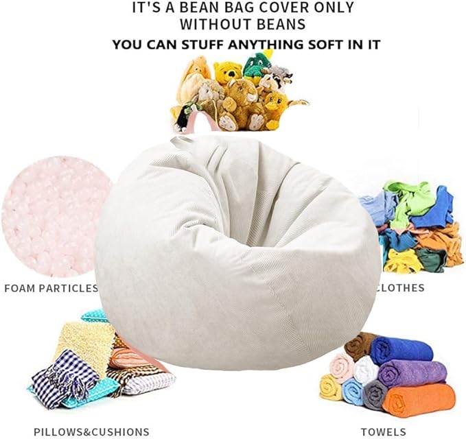 Stuffed Animal Storage Bean Bag Chair Cover (No Filler) Washable Ultra Soft Corduroy Bean Bag Cover for Organizing Plush Toys or Textile, Sack Bean Bag for Adults, Teens