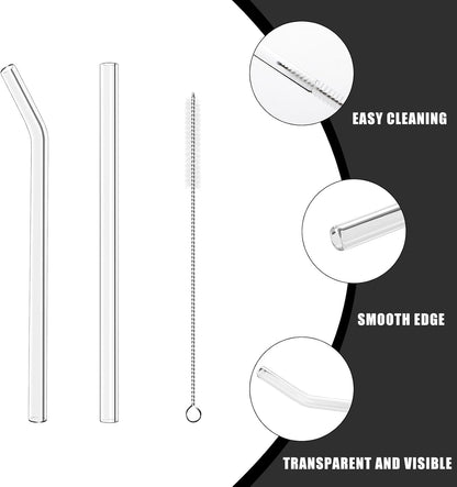 Lazycorner Reusable Glass Straws Set 16 Pcs 8.5''x 10MM Bent Clear Glass Drinking Straws, Set of 16 Bent with 4 Cleaning Brushes