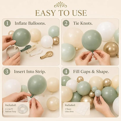 Sage Green Balloon Garland Kit, Green and White Balloon Arch Kit Olive Green White Gold Champagne Party Balloons Lime Green Beige Latex Balloons for Baby Shower Birthday Jungle Safari Party Decoration