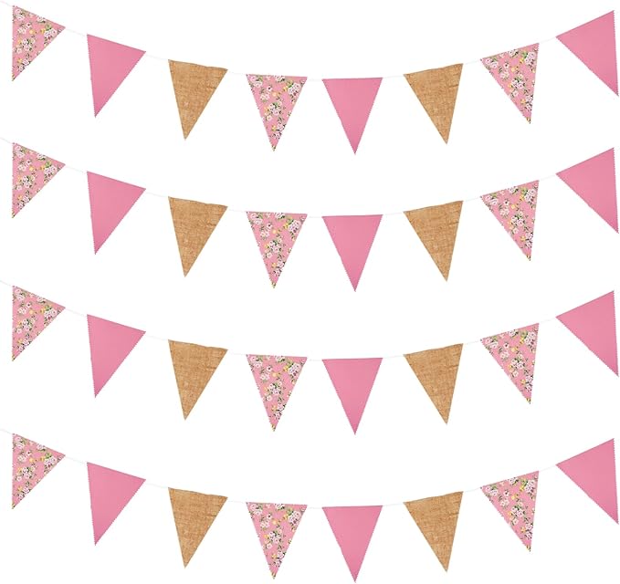 Zwiebeco 39Ft Pink Floral Fabric Pennant Banner Vintage Burlap Triangle Flag Cotton Retro Flower Bunting Party Decoration for Birthday Engagement Wedding Bridal Baby Shower Rustic Village Garden Décor