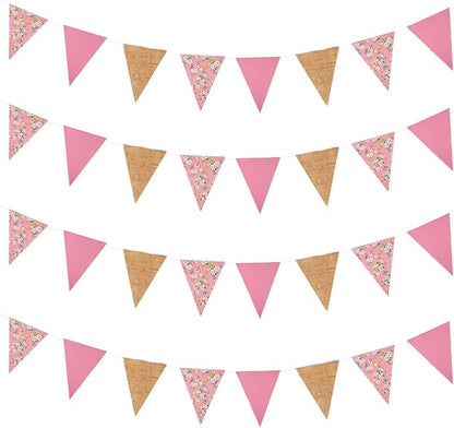 Zwiebeco 39Ft Pink Floral Fabric Pennant Banner Vintage Burlap Triangle Flag Cotton Retro Flower Bunting Party Decoration for Birthday Engagement Wedding Bridal Baby Shower Rustic Village Garden Décor