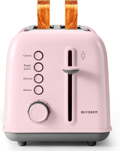 BUYDEEM DT620 2-Slice Toaster, Extra Wide Slots, Retro Stainless Steel with High Lift Lever, Bagel and Muffin Function, Removal Crumb Tray, 7-Shade Settings,Pink