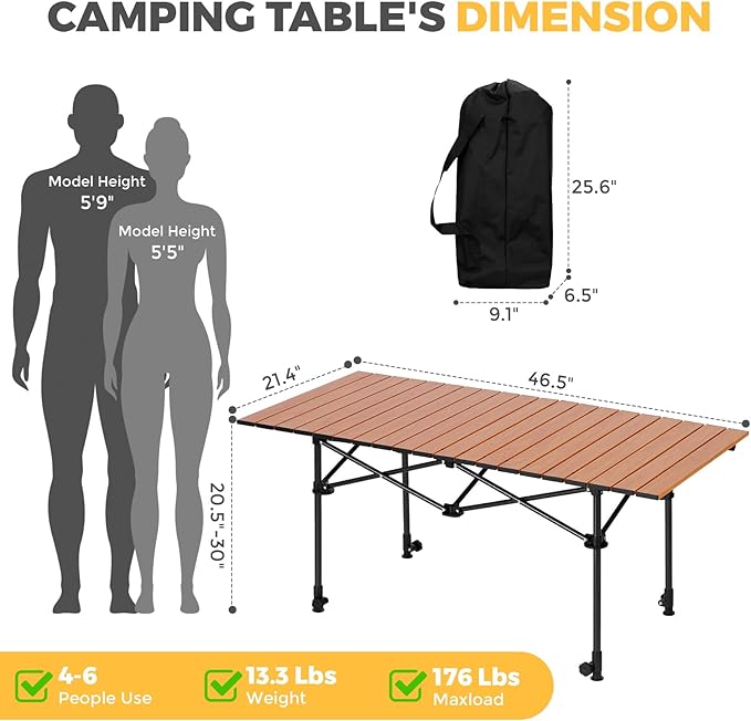 Portable Folding Camping Table, 4-6 Person Aluminum Outdoor Picnic Table with Storage Carry Bag, Adjustable Height Lightweight Camp Table for Beach, Picnic, BBQ and Indoor Use