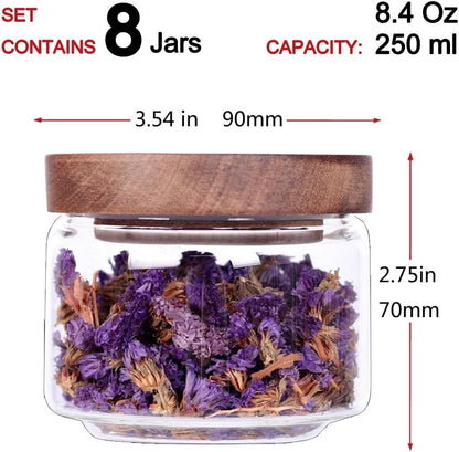 8 Pcs Spice Containers - 8.5oz Glass Spice Jars With Acacia Airtight Lid and Labels - Stackable Empty Round Spice Bottles for kitchen Seasoning