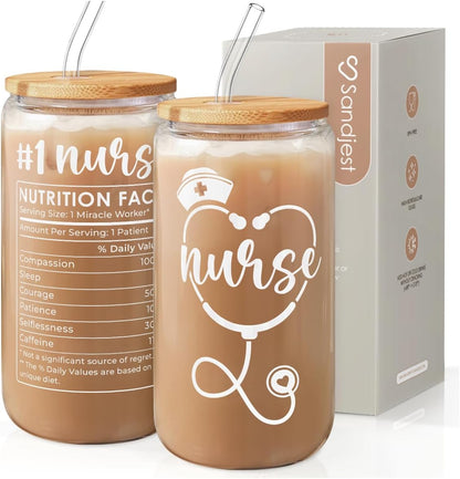 SANDJEST Nurse Glass Can, Nutrition Facts Cup with Lid &amp; Straw, Iced Coffee Aesthetic Cups, Idea Gift for Christmas Birthday Nurse Week, Gifts for Women, 16oz