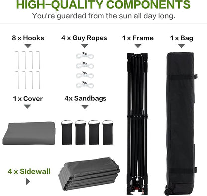 Tunbne 10X10 Comercial Pop Up Canopy Tent with 4 Sidewalls and 6 Pockets, One Push Setup Center Lock, for Beach Patio Outdoor, Case, 8 Stakes, 4 Ropes, 4 Sandbags (Charcoal Grey)