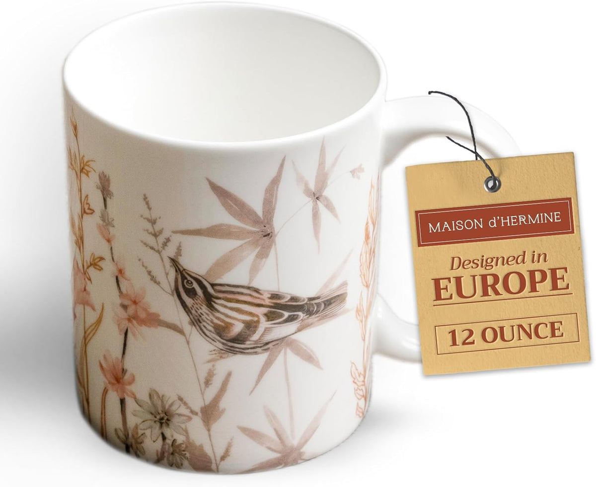 Maison d' Hermine Coffee Mug with Handles Fine Bone China Mugs Pack of One Tea Cups for Hot Beverages Cappuccino Latte Home Office Perfect for Gift (Meadow Florals - Beige Meadow Mornings, 12 Ounce)