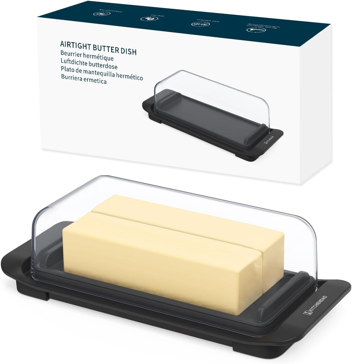 KITCHENDAO Airtight Butter Dish with Lid for Countertop and Fridge, Dishwasher Safe, BPA Free Wide Plastic Butter Keeper for 2 Sticks East Coast/West Coast/European Style/Kerrygold Butter, Black