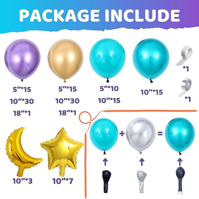 144pcs Eid Mubarak Balloon Arch Kit, Ramadan Eid al-Adha Decorations, Turquoise Teal Blue Purple Gold Moon Twinkle Star Balloons Garland, Happy Eid al-Fitr Party Muslim Islamic EID party for Home