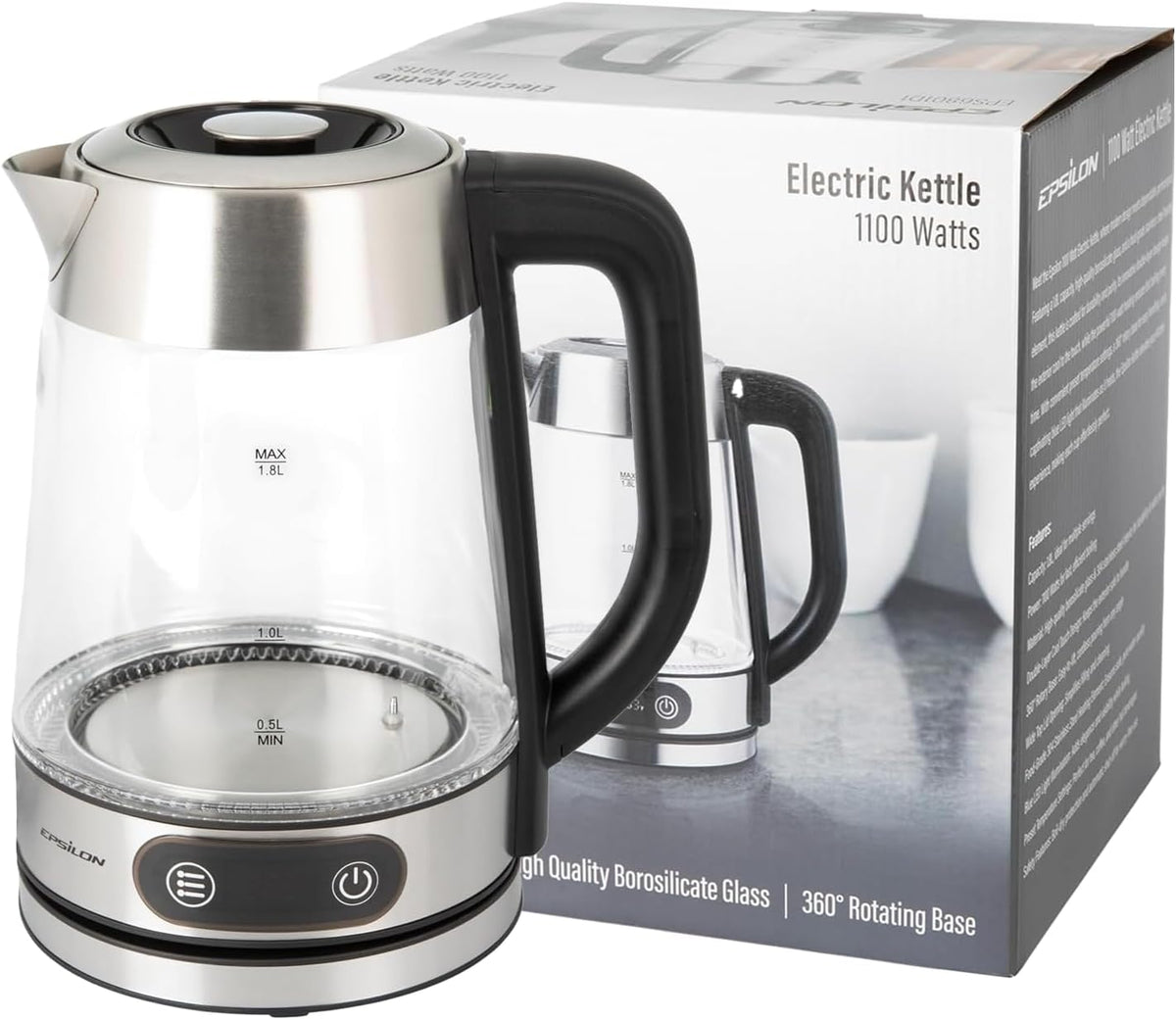 Epsilon 1.8L Glass Electric Kettle – Hot Water Tea Kettle with Borosilicate Glass & Stainless Steel, Auto Shut-Off, Fast Boil 1500W Electric Teapot