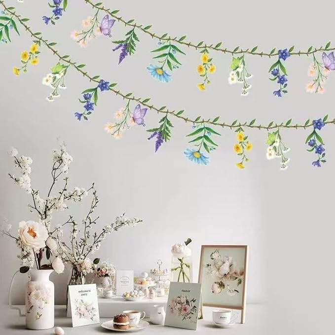 Colorful Flower Banner Ready to Use Double- Sided Reusable Waterproof Wildflower Garland for Wildflower Garden Party Birthday Wedding Baby Shower Supplies Wall Decorations 2 PCS