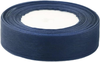 1 Inch 50 Yards Sheer Organza Ribbon Chiffon Ribbon for Gift Wrapping Wedding Bouquet Crafts (Navy Blue)
