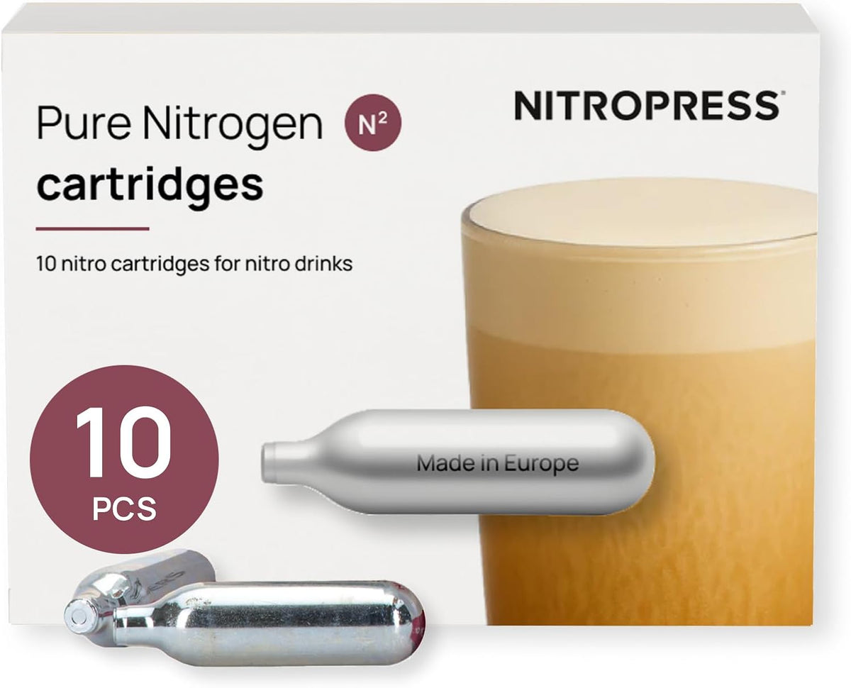 10 PCS NitroPress Nitrogen Coffee Chargers – Pure N2 Cartridges for Nitro Cold Brew Coffee Maker, Cocktails, Tea, and Beer