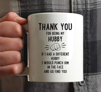 Andaz Press Funny Family 11oz. Coffee Mug Gift, Thank You for Being My Hubby, Punch in Face, 1-Pack, Christmas Birthday Drinking Cup Present Ideas