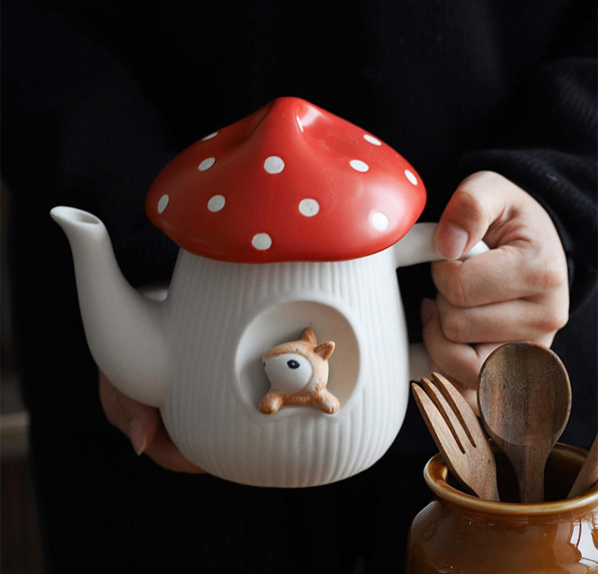 Cute Mushroom Teapot, Handmade Glaze Polka Dot Lid, Safety Matt Ceramic Tea Pot, With squirrel decoration. 23 oz / 680 ml