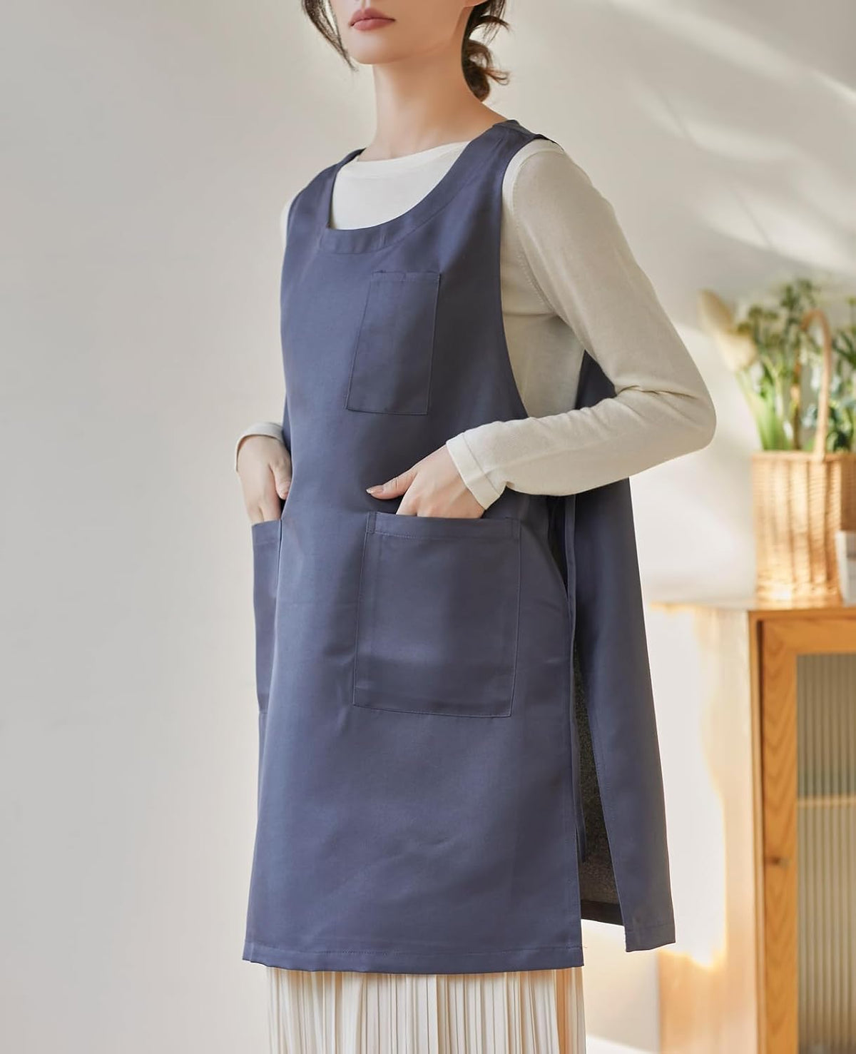 Women Cobbler Apron Japanese Style Aprons with 3 Pockets for Work Chef Kitchen