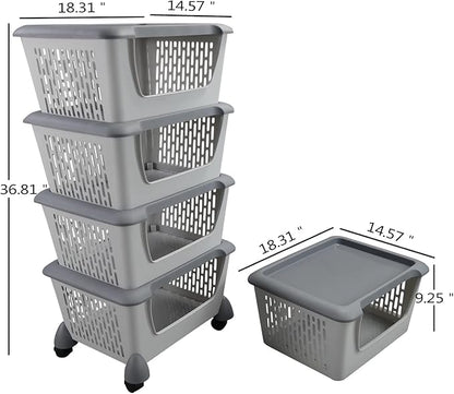 Obstnny 4 Pack Stacking Storage Bins, Multipurpose Large Plastic Baskets
