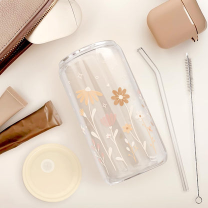 Sandjest Flower Glass Can, Floral Cup with Lid & Straw, Iced Coffee Aesthetic Cups, Idea Gift for Christmas Birthday Mother Day, Gifts for Women, 16oz