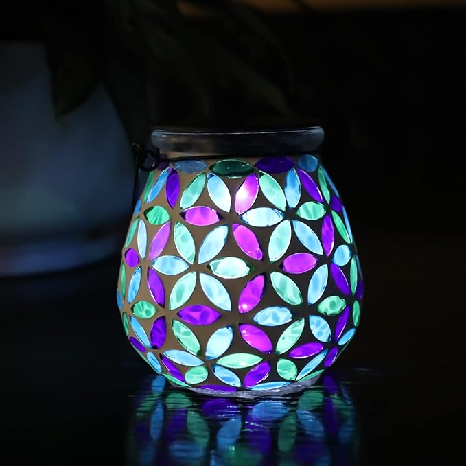 Afirst Mosaic Solar Lanterns Outdoor - Glass Hanging Solar Lights Hollow Out Waterproof Table Lamp Outdoor Decorative for Garden, Patio, Holiday Party Outdoor Decoration