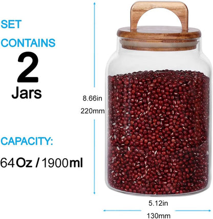 SAIOOL Canister Set of 2, Glass Kitchen Canisters with Airtight Acacia Lid, Tall Clear Airtight Food Storage Jar, Kitchen Pantry Storage Container for Noodles Flour Cereal Coffee