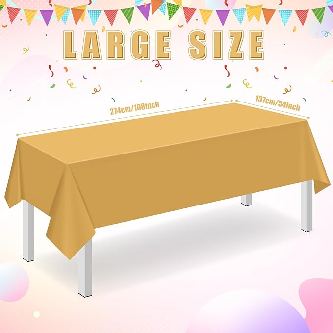16 Pack Gold Plastic Tablecloth for Rectangle Tables, Premium Decorative Gold Disposable Table Cloths for Parties, Bulk Rectangle Party Table Cover for Birthday, Wedding, Anniversary, 54 x 108 Inch