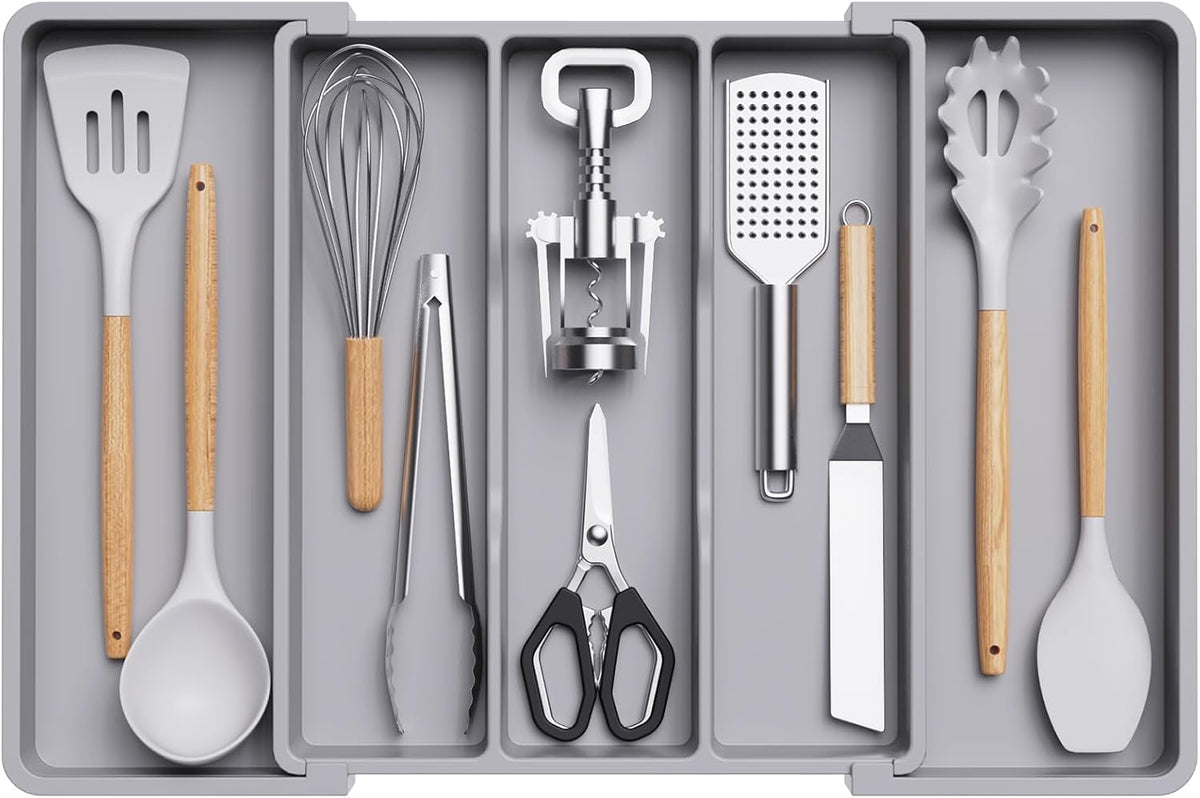 Lifewit Plastic Utensil Organizer for Kitchen Drawers, Expandable 13 to 22.4 Inches Wide, Adjustable Cutlery Silverware Flatware Holder, Kitchen Spatula Tools and Gadgets Storage Divider, Large, Gray