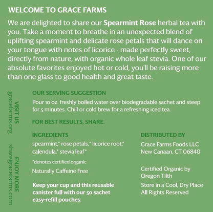 Grace Farms Organic SPEARMINT ROSE Herbal Tea (16 Pyramid Sachets) | Naturally Sweet, Stress Relieving and Caffeine Free | Organic, Fair Trade and Kosher Certified | Delicious Iced Tea | Gives Back 100% of Profits
