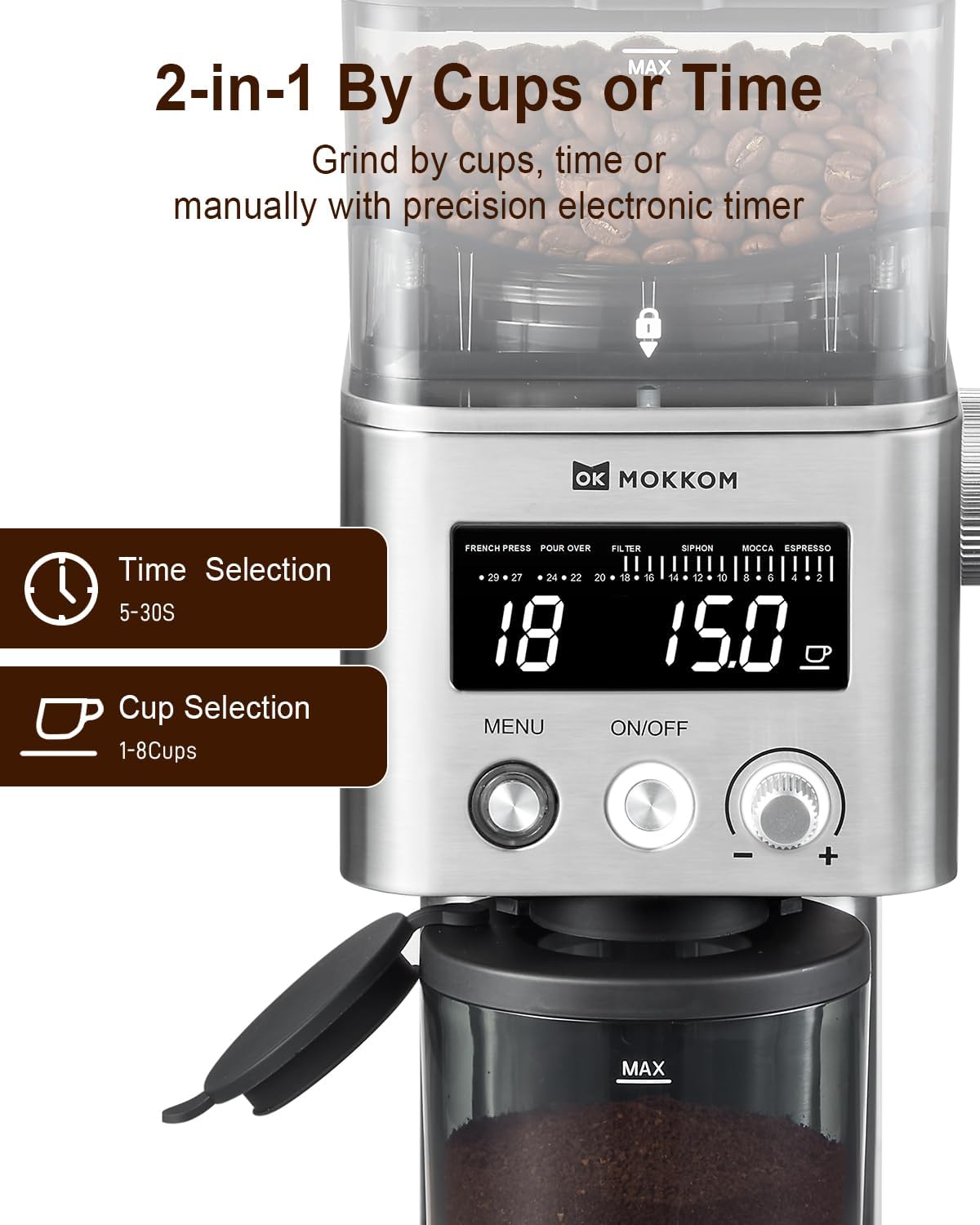 MOKKOM Coffee Grinder with 31 Precise Settings, Anti-Static, Quiet Conical Burr Coffee Bean Grinder for Home Use, Stainless Steel, 30 Seconds Timer & 1-8 Cup, LCD Display, Easy to Clean