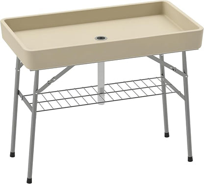 Outsunny Folding Ice Cooler Table with Drain, Fill and Chill, Tan, 40.6"L x 22"W x 32.3"H, Modern Picnic Table