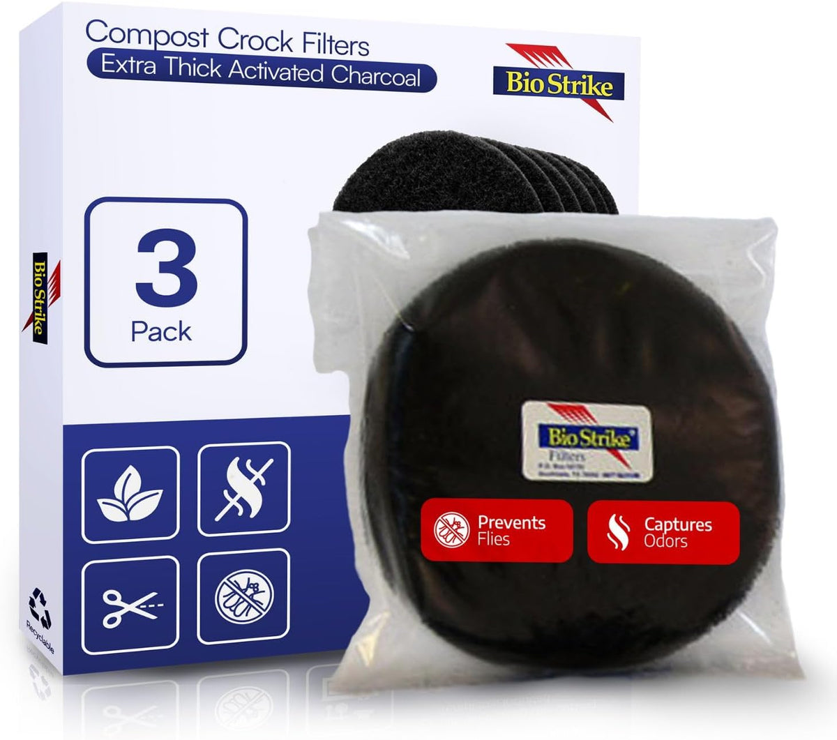 BioStrike Activated Carbon Filter Discs for Kitchen Compost Bin - Odor-Absorbing Charcoal for Compost Bucket - Natural Smell Eliminators (3 Count)