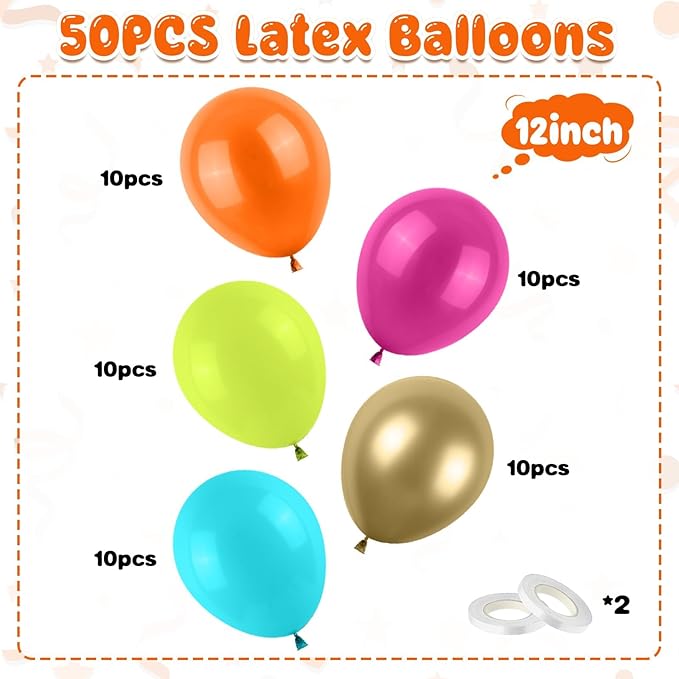 Tropical Balloons, 50 PCS 12Inch Balloon Rainbow Balloons Hot Pink Orange Teal Green Metallic Gold Colorful Balloon for Baby Shower Summer Birthday Tropical Pool Party Decorations