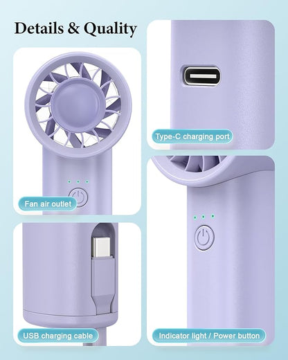 Portable Handheld Fan with Power Bank(High-Speed),3 IN 1 USB Rechargeable Mini Personal Fan with Flashlight,Small Size for Outdoor/Travel/Beach/Concerts/Summer.Gifts for Girl,Women.Purple