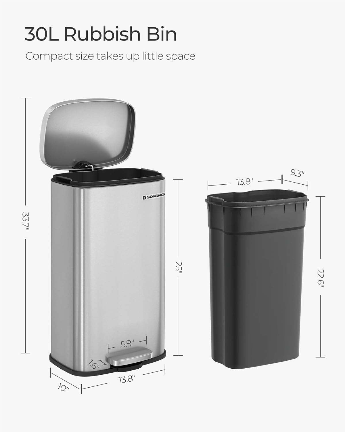 SONGMICS Trash Can with Lid, 8 Gallon Garbage Can, Stainless Steel Small Waste Bin with Step Pedal and Inner Bucket, Soft Close, Kitchen, Silver ULTB03NL