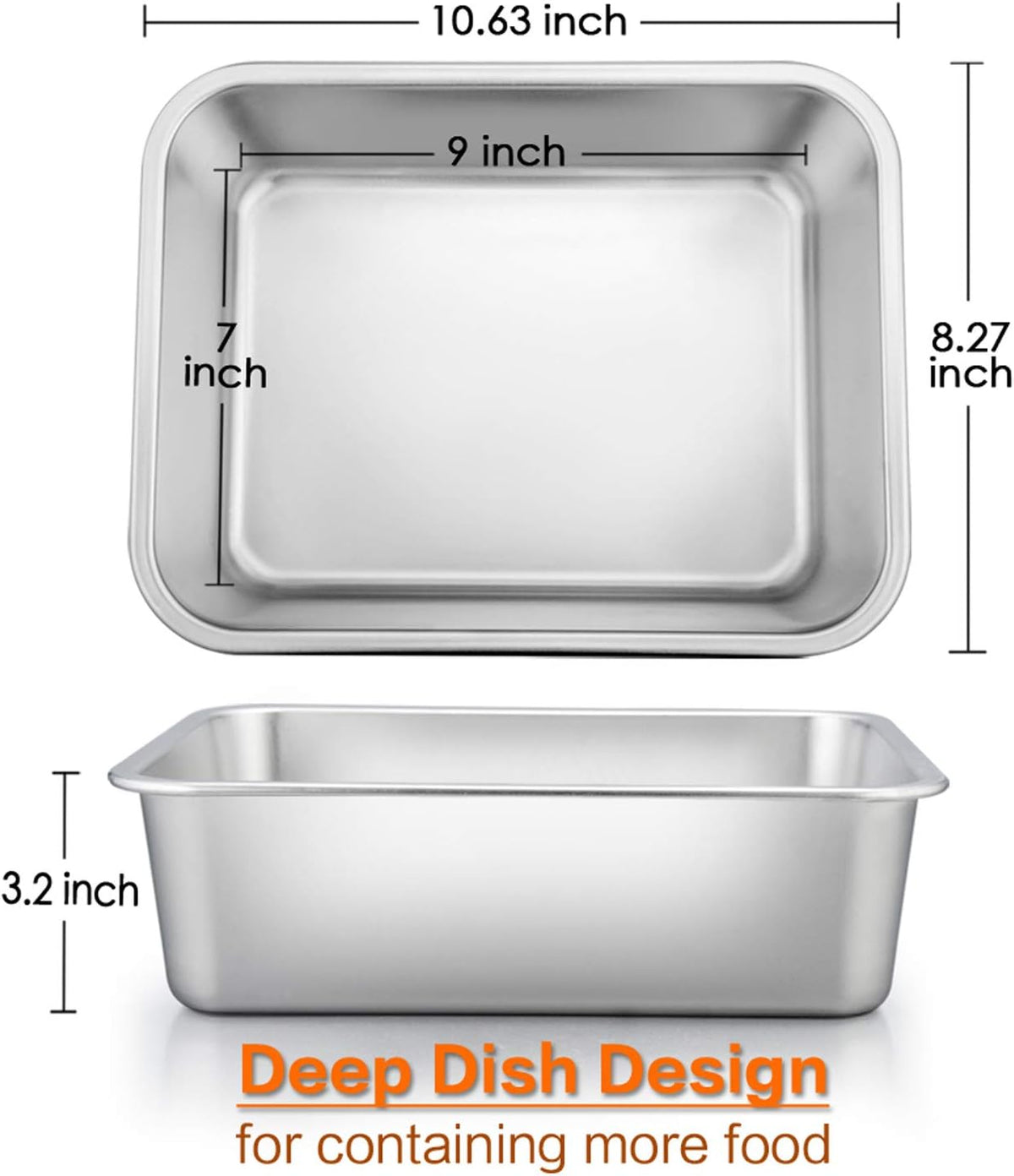 E-far Small Lasagna Pan, 10.6x8.3x3.2 Inches Deep Rectangular Baking Roasting Pans, Stainless Steel Roaster Baking Dish, Non-Toxic & Heavy Duty, Dishwasher Safe
