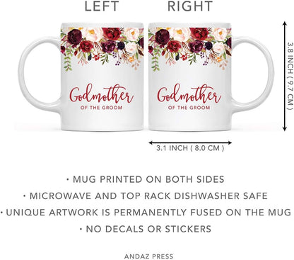 Andaz Press 11oz. Wedding Ceramic Coffee Tea Mug Gift, Fall Autumn Marsala Burgundy Flowers Roses Florals, Godmother of the Groom, 1-Pack, Includes Gift Box