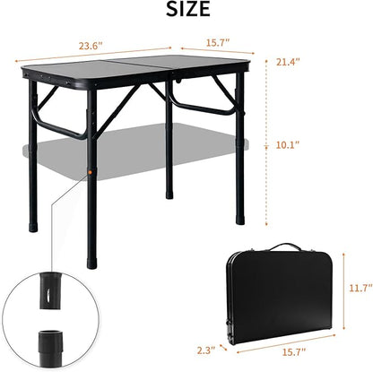 2FT Small Camping Portable Table, Black Aluminum Frame, Adjustable Height up to 21", Lightweight Carry Handle, Portable for Travel, Camping Outdoor Use