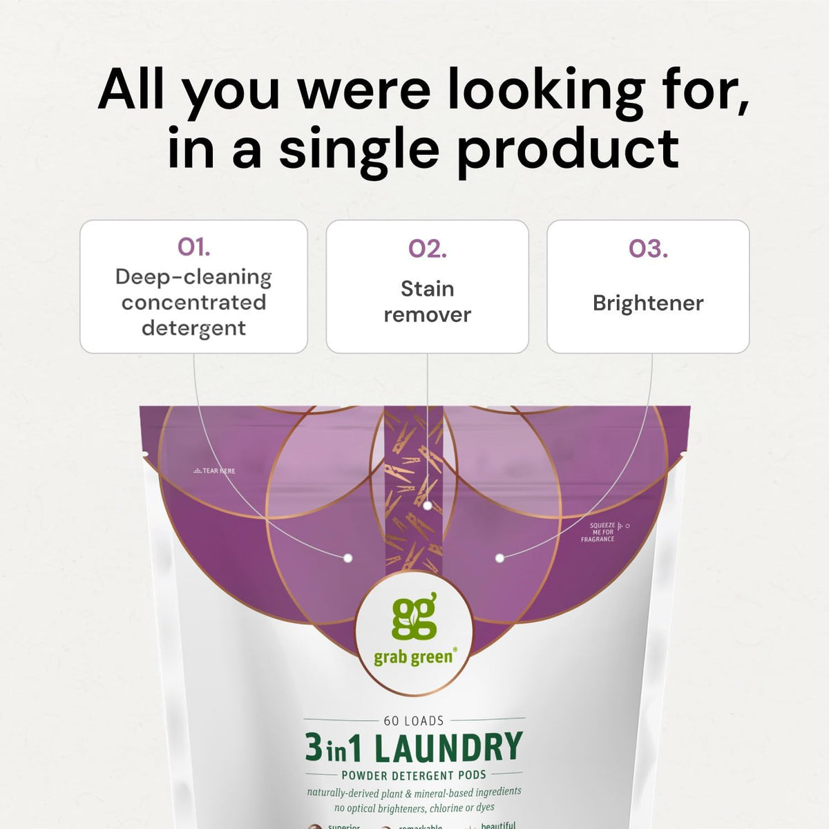 Grab Green 3-in-1 Laundry Detergent Pods, 132 Count, Vetiver Scent, Plant and Mineral Based, Superior Cleaning Power, Stain Remover, Brightens Clothes