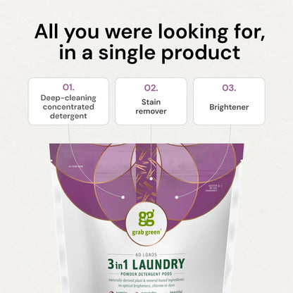 Grab Green 3-in-1 Laundry Detergent Pods, 132 Count, Vetiver Scent, Plant and Mineral Based, Superior Cleaning Power, Stain Remover, Brightens Clothes