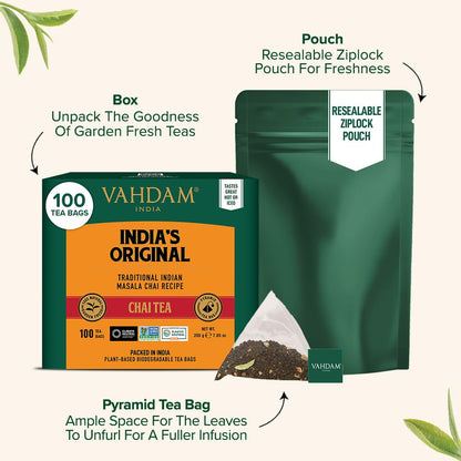 Vahdam, India's Original Masala Chai Tea Bags (100 Count) No Added Flavoring, Blended w/Exotic Spices, Whole Leaf Tea Bags, Resealable Ziplock Pouch