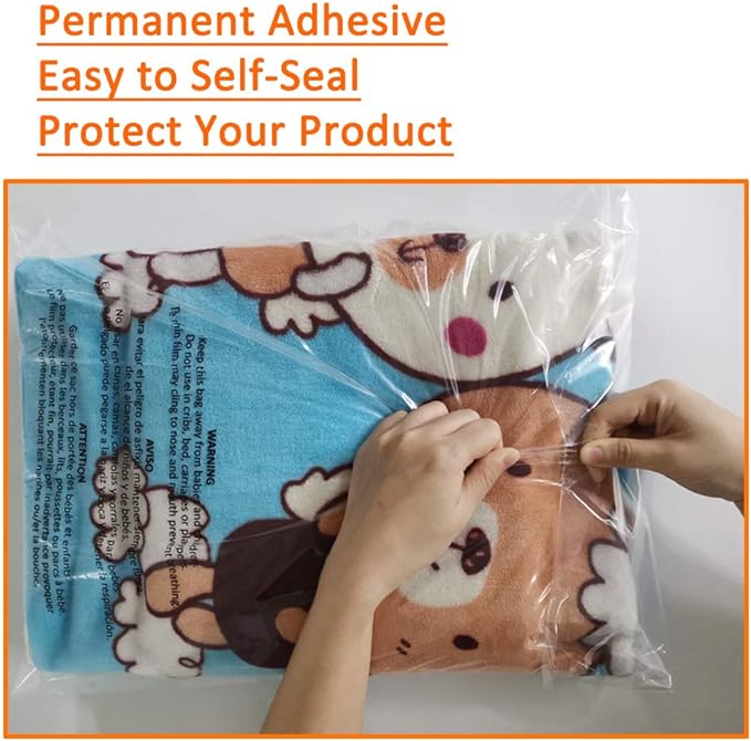 200 Count 14x20 Inch Self Seal Clear Poly Bags with Suffocation Warning for Packaging Clothing, Decorative Wrappers and More with Permanent Adhesive (1.5mil)