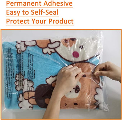 200 Count 14x20 Inch Self Seal Clear Poly Bags with Suffocation Warning for Packaging Clothing, Decorative Wrappers and More with Permanent Adhesive (1.5mil)