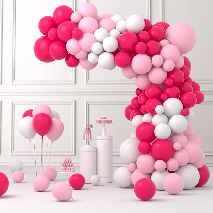 Hot Pink White Balloon Garland Arch Kit, 122PCS Rose Red White Light Pink Balloons for Girl Birthday Wedding Anniversary Bachelorette Engagement Mean Girls Party Decoraion…