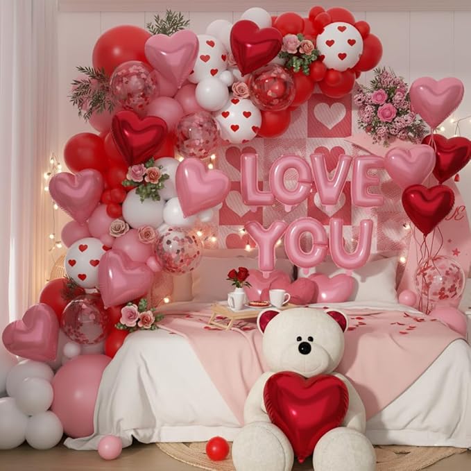 171pcs Valentines Day Balloons Garland Arch Kit, Pink Red White Confetti Heart Balloons Arch for Valentine's Galentine's Day Birthday Wedding Anniversary Engagement Party Decorations