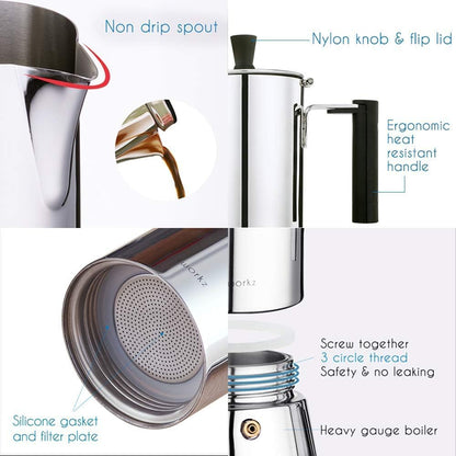 Easyworkz Pedro Stovetop Espresso Maker 6Cup 300ml Stainless Steel Italian Coffee Machine Maker Moka Pot Induction Espresso Pot