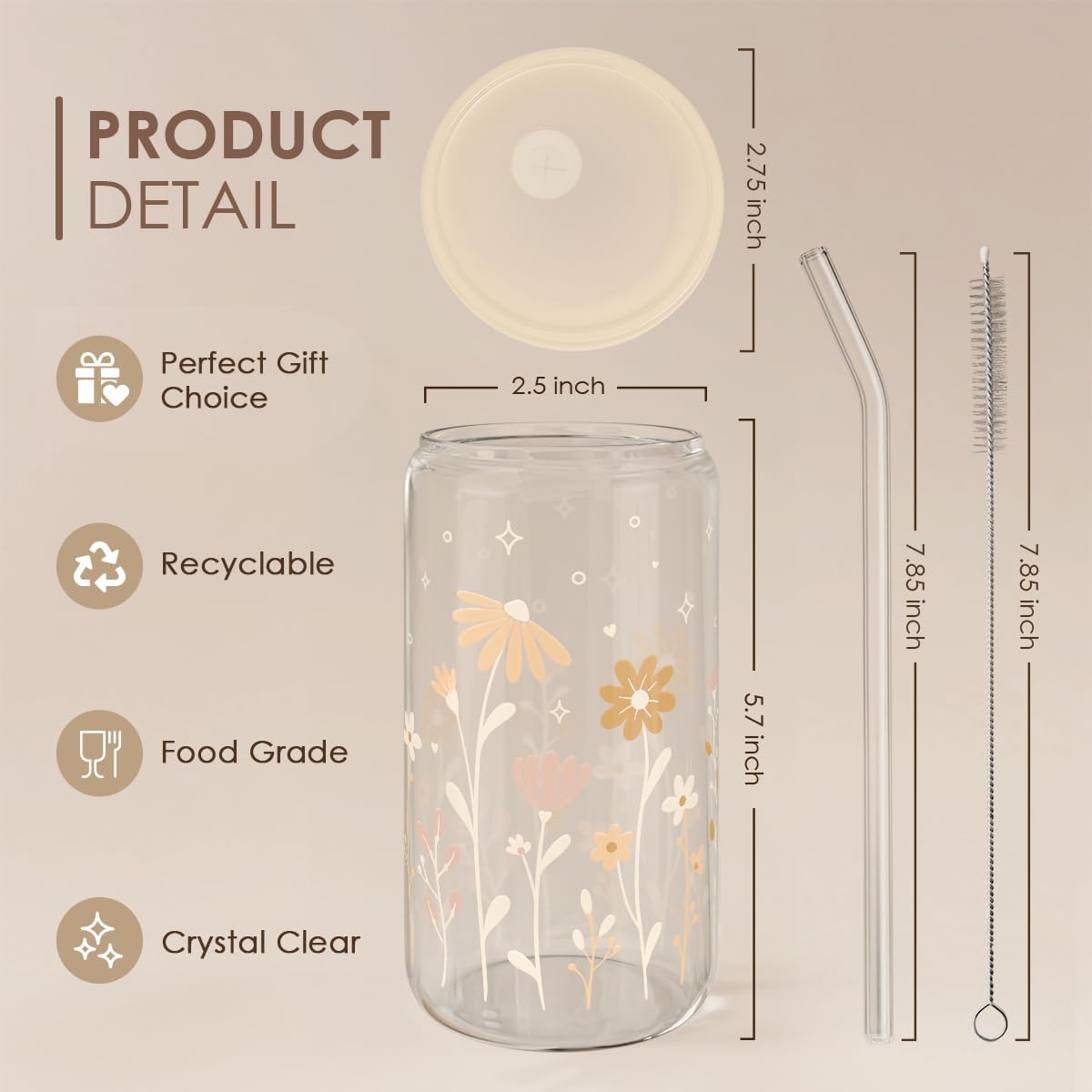 Sandjest Flower Glass Can, Floral Cup with Lid & Straw, Iced Coffee Aesthetic Cups, Idea Gift for Christmas Birthday Mother Day, Gifts for Women, 16oz