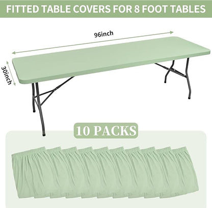 10 Pack Fitted Tablecloth for 8 Foot Rectangle Tables, Sage Green Elastic Outdoor Picnic Table Cover, Washable Stretch Folding Table Cloths 8 ft for Camping Party Patio Kitchen Banquet, 30" W x 96" L