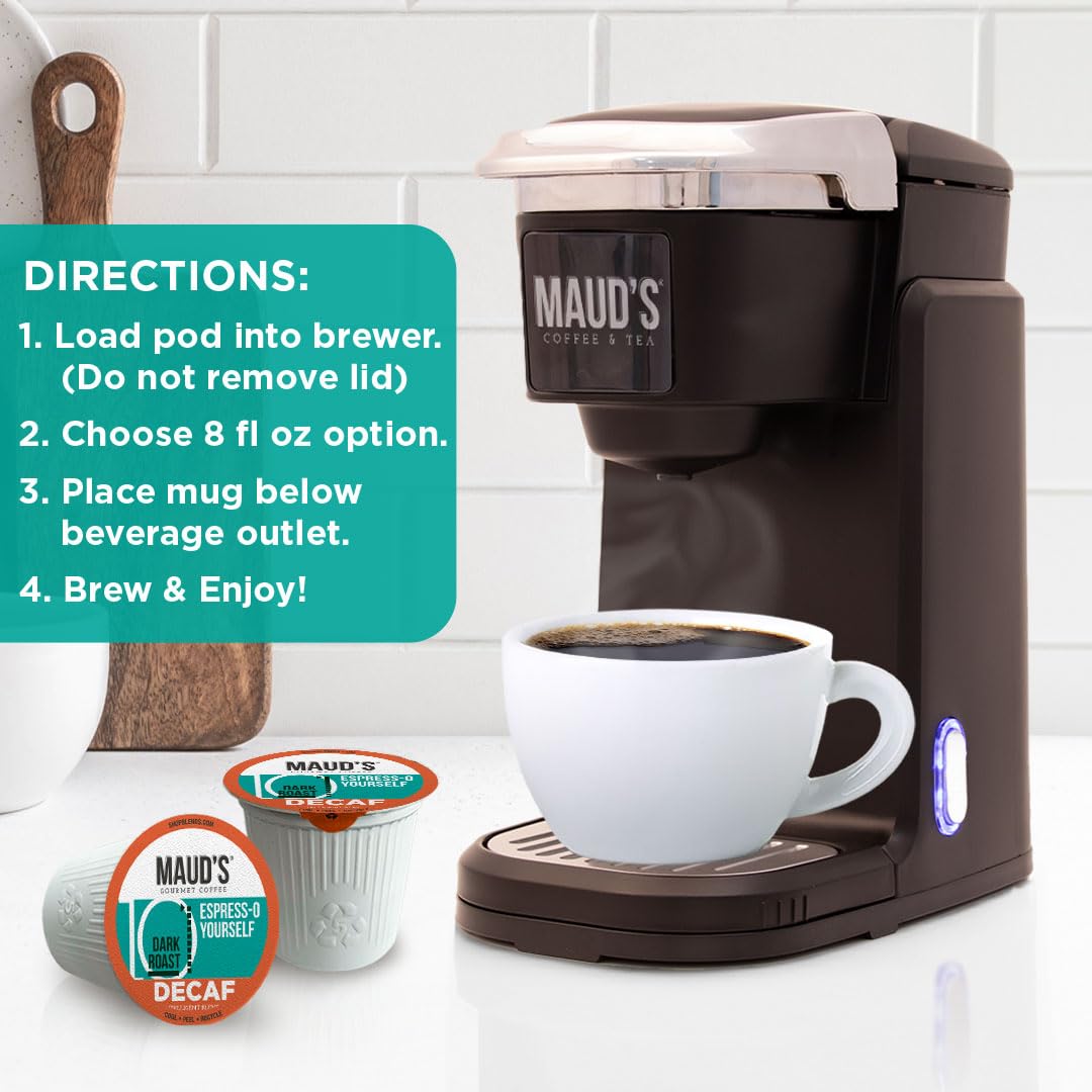 Maud's Decaf Espresso Roast Coffee Pods, 18 ct, Decaffeinated Dark Roast Recyclable Single Serve Pods – 100% Arabica Coffee